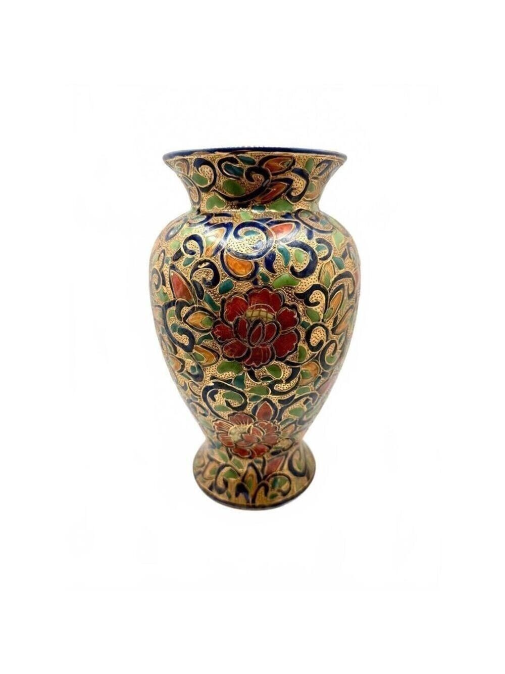 Vintage Chinese Satsuma Cloisonne Vase Hand Painted Enamel Gold Floral Decor